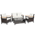 4 Piece Rattan Patio Conversation Set with Acacia Armrests and 2 Tier Glass Table, Off White