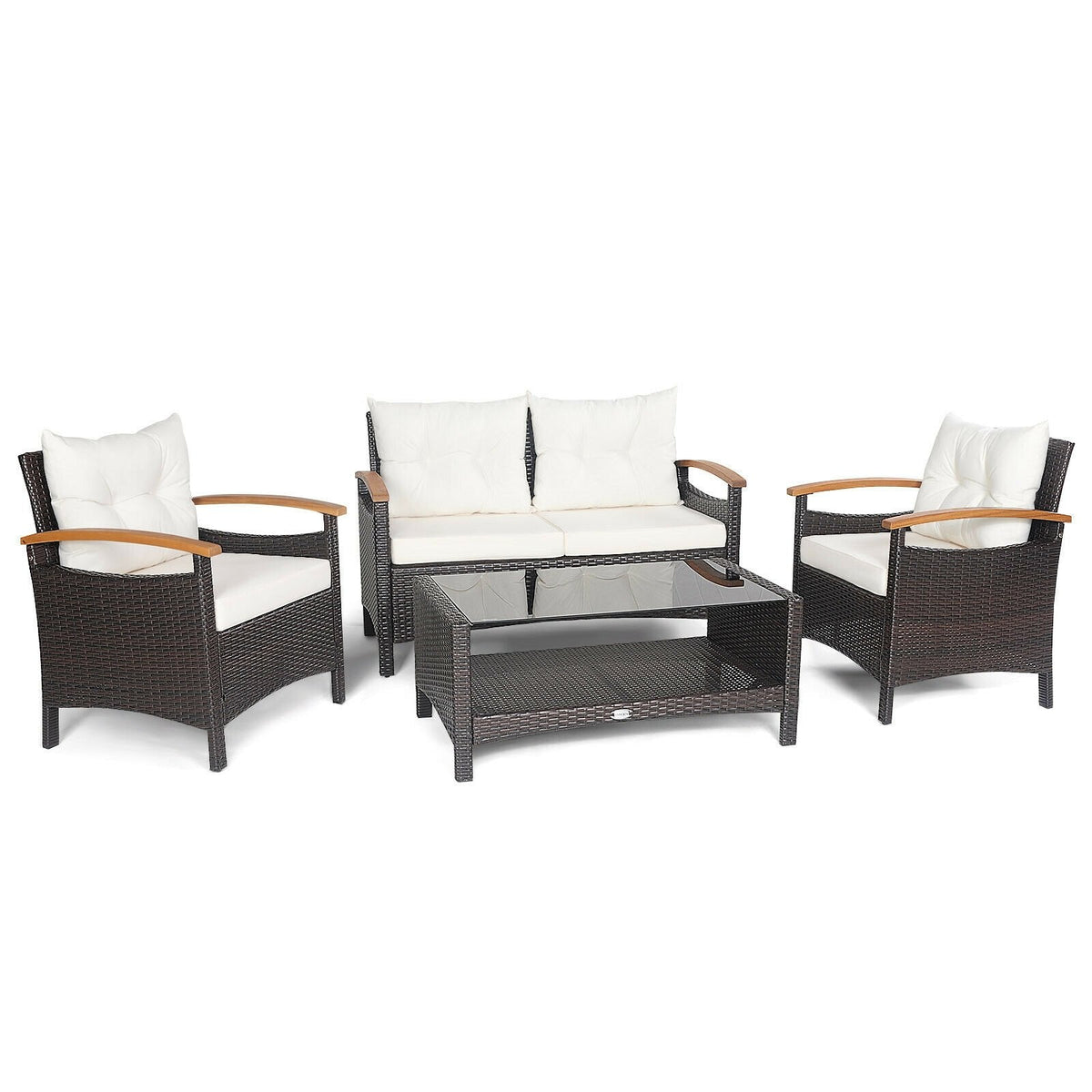 4 Piece Rattan Patio Conversation Set with Acacia Armrests and 2 Tier Glass Table, Off White