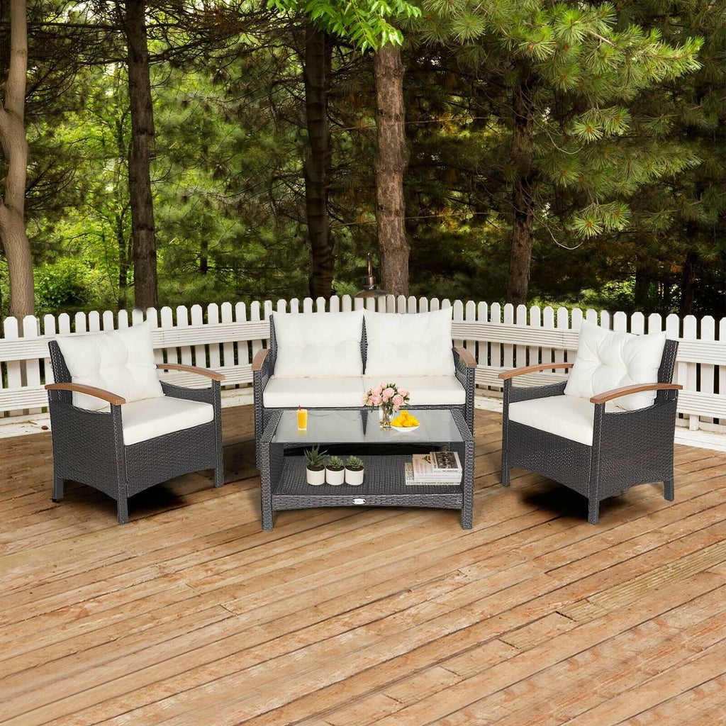4 Piece Rattan Patio Conversation Set with Acacia Armrests and 2 Tier Glass Table, Off White