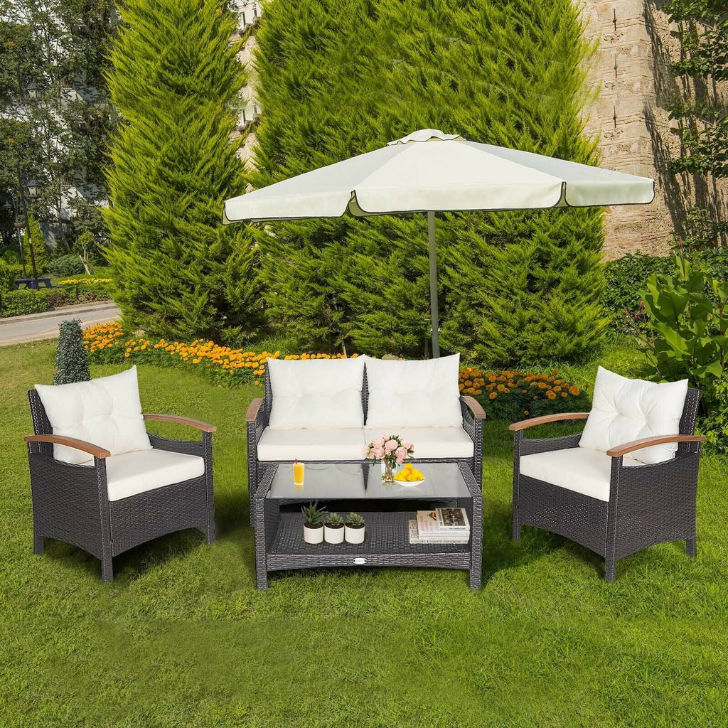 4 Piece Rattan Patio Conversation Set with Acacia Armrests and 2 Tier Glass Table, Off White