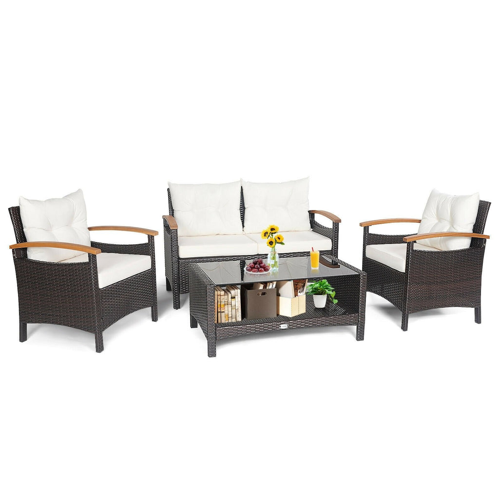 4 Piece Rattan Patio Conversation Set with Acacia Armrests and 2 Tier Glass Table, Off White