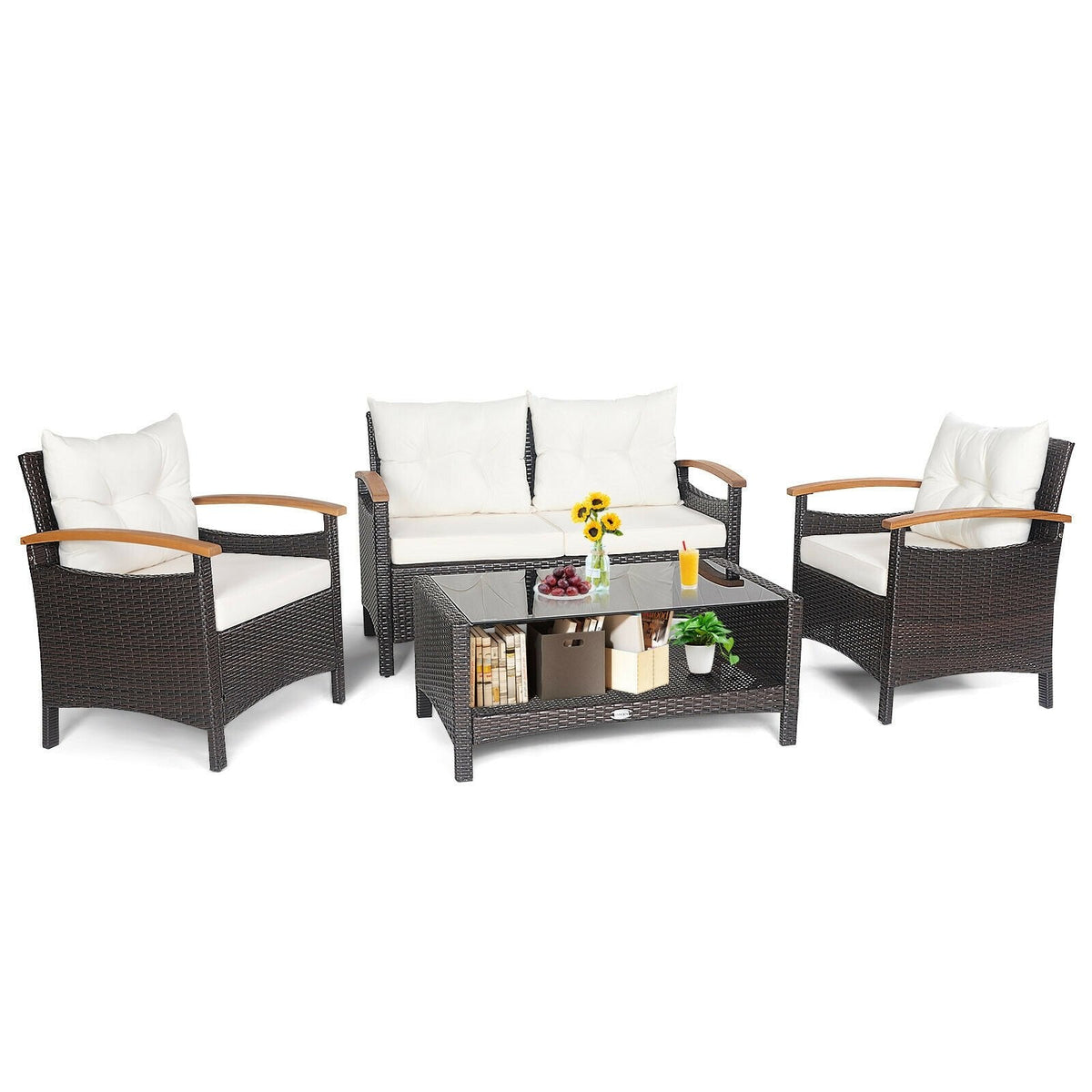 4 Piece Rattan Patio Conversation Set with Acacia Armrests and 2 Tier Glass Table, Off White