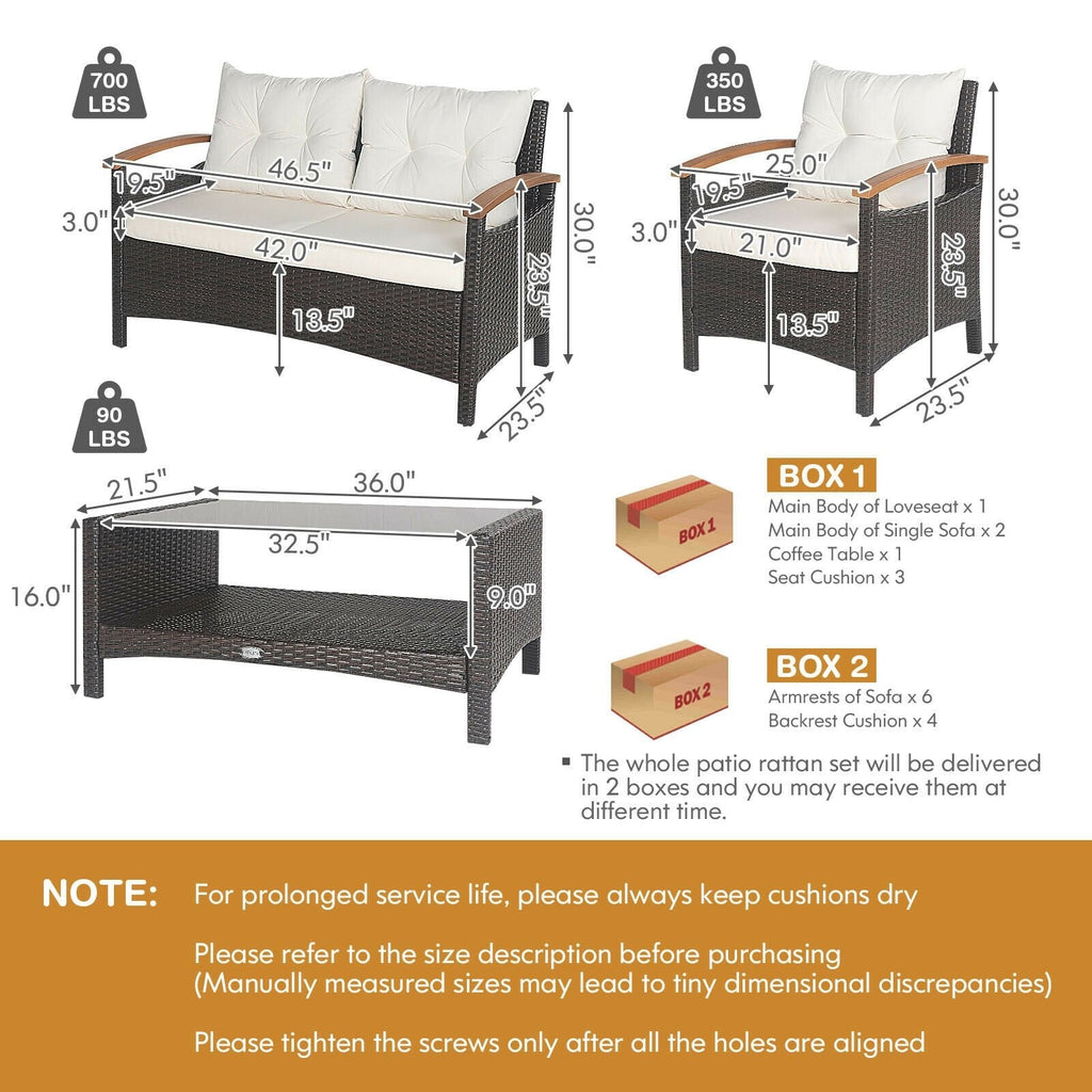 4 Piece Rattan Patio Conversation Set with Acacia Armrests and 2 Tier Glass Table, Off White