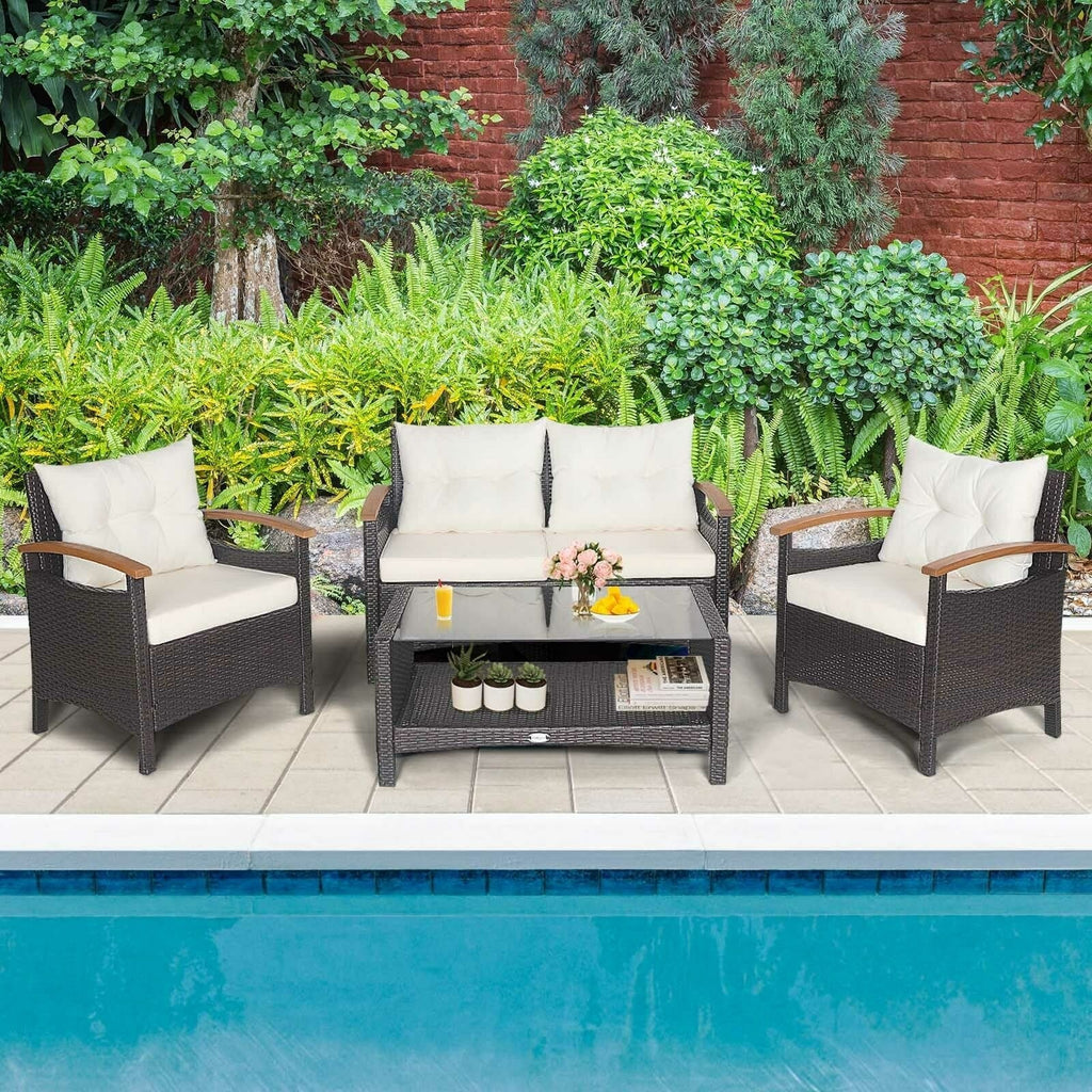 4 Piece Rattan Patio Conversation Set with Acacia Armrests and 2 Tier Glass Table, Off White