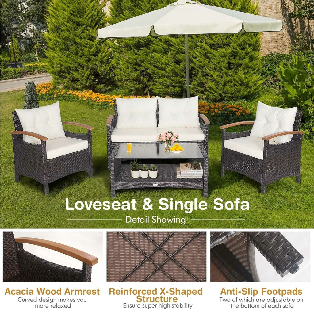 4 Piece Rattan Patio Conversation Set with Acacia Armrests and 2 Tier Glass Table, Off White