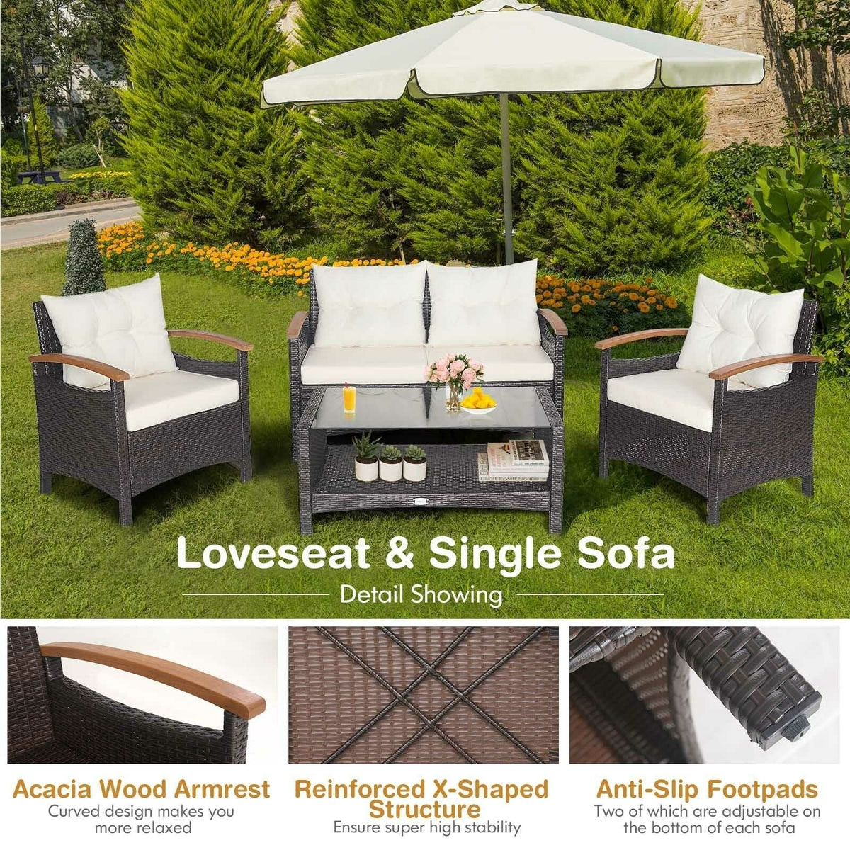 4 Piece Rattan Patio Conversation Set with Acacia Armrests and 2 Tier Glass Table, Off White