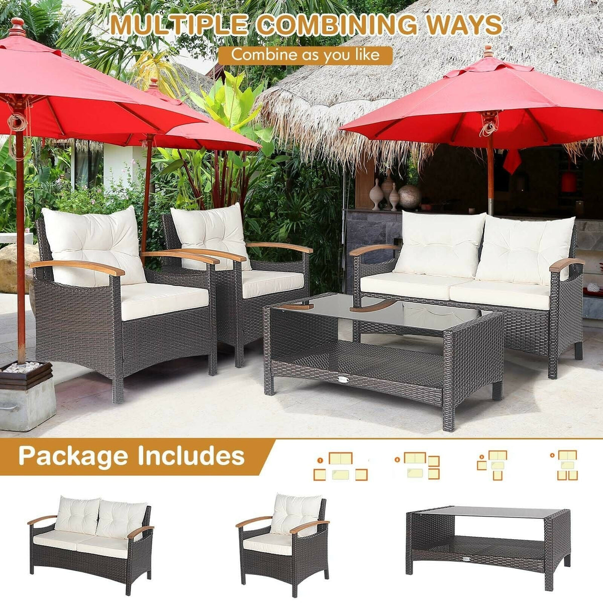 4 Piece Rattan Patio Conversation Set with Acacia Armrests and 2 Tier Glass Table, Off White