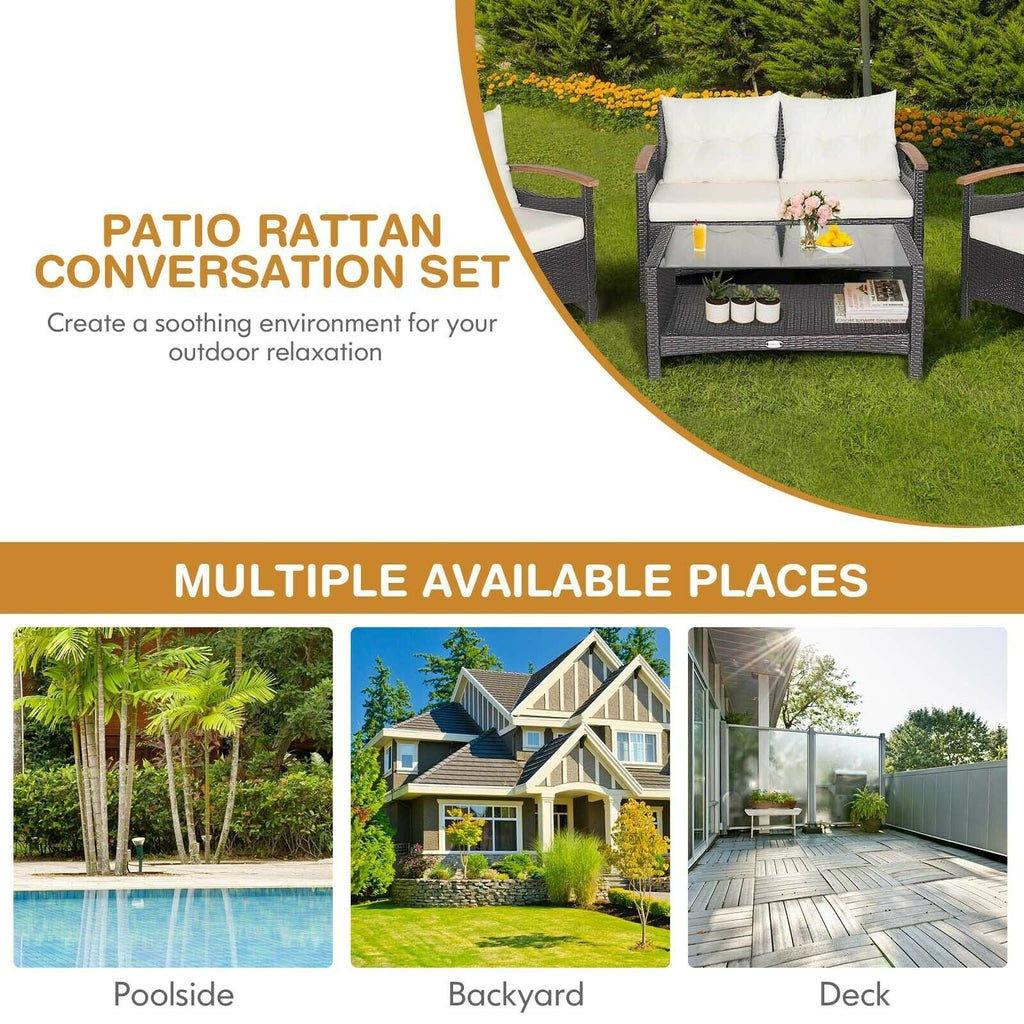 4 Piece Rattan Patio Conversation Set with Acacia Armrests and 2 Tier Glass Table, Off White