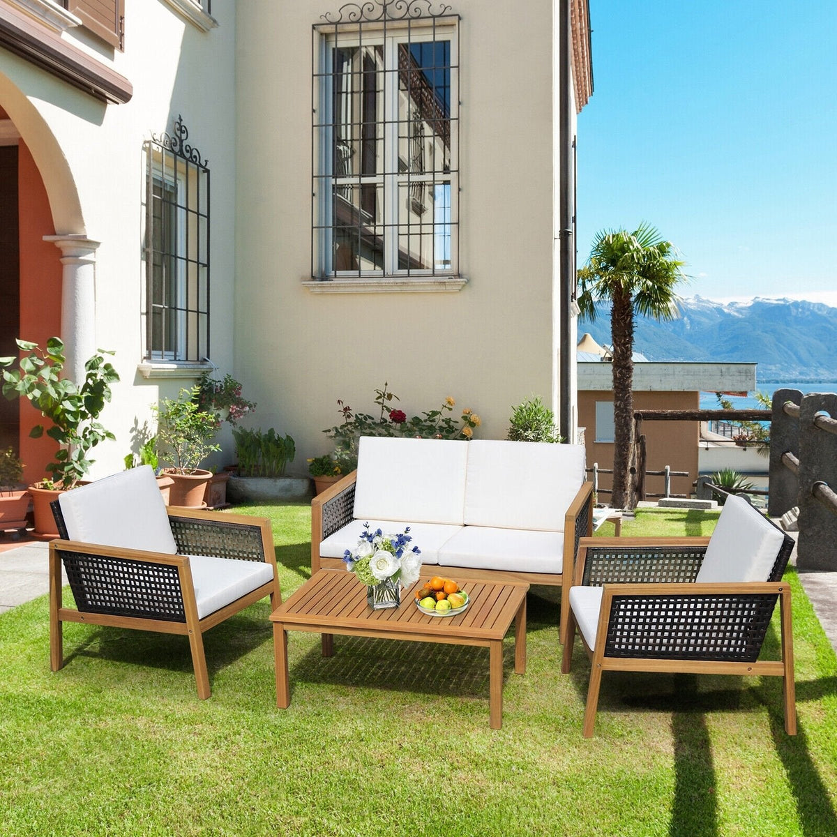 4 Piece Acacia Wood and Rattan Patio Conversation Set with Removable Cushions, Off White