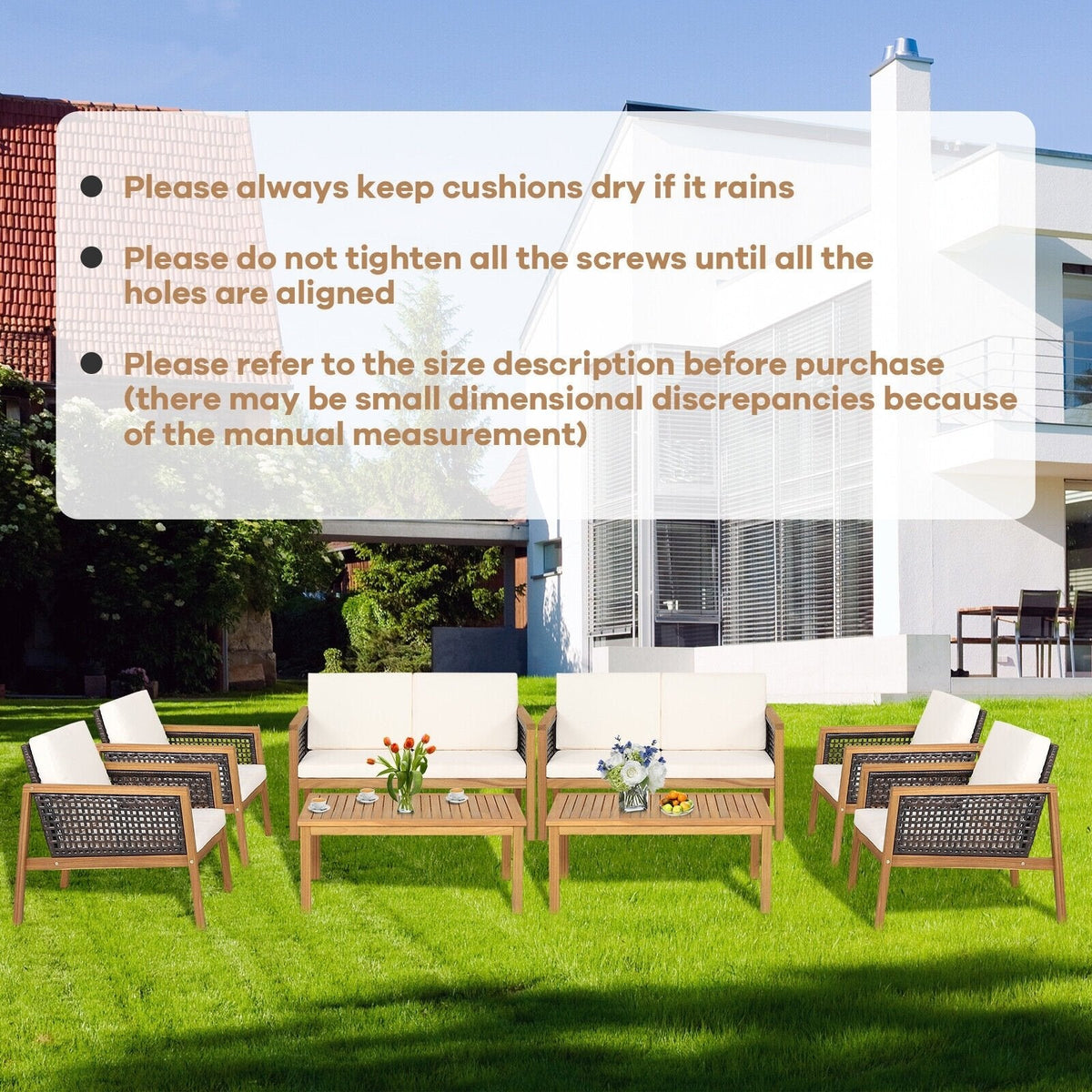 4 Piece Acacia Wood and Rattan Patio Conversation Set with Removable Cushions, Off White