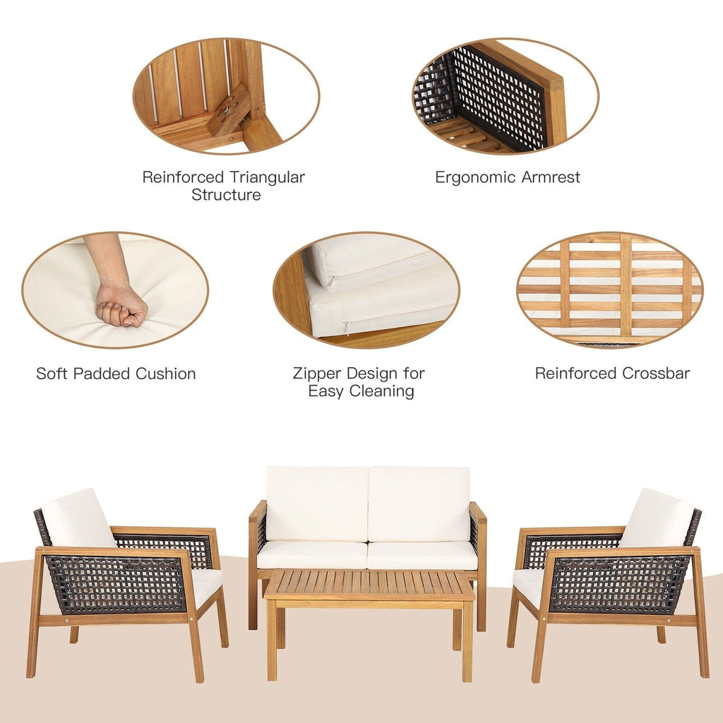4 Piece Acacia Wood and Rattan Patio Conversation Set with Removable Cushions, Off White