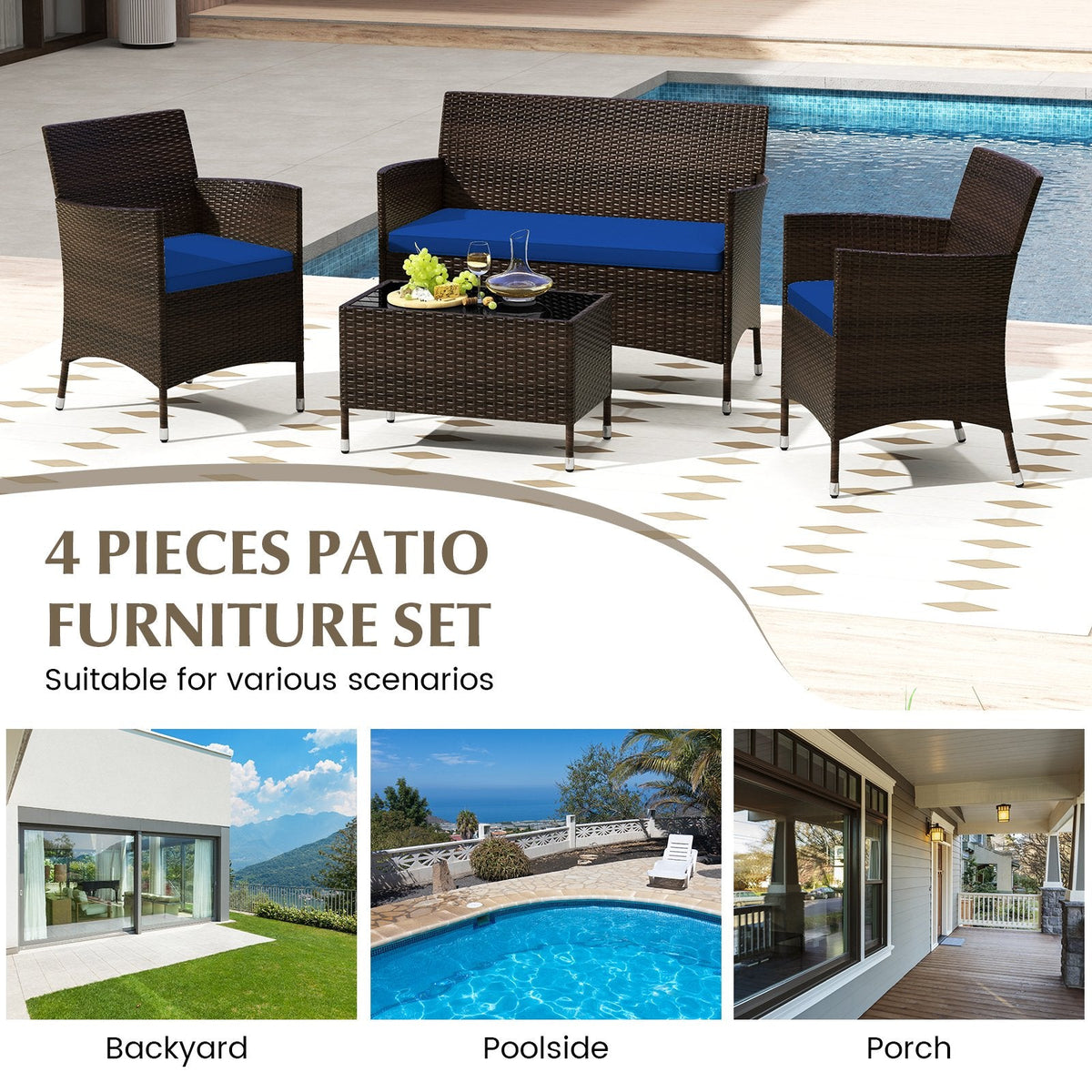 4 Piece Outdoor Rattan Sofa Set, 41 in Loveseat, 2 Single Sofas and 27.5 in Tempered Glass Coffee Table, Navy Cushions