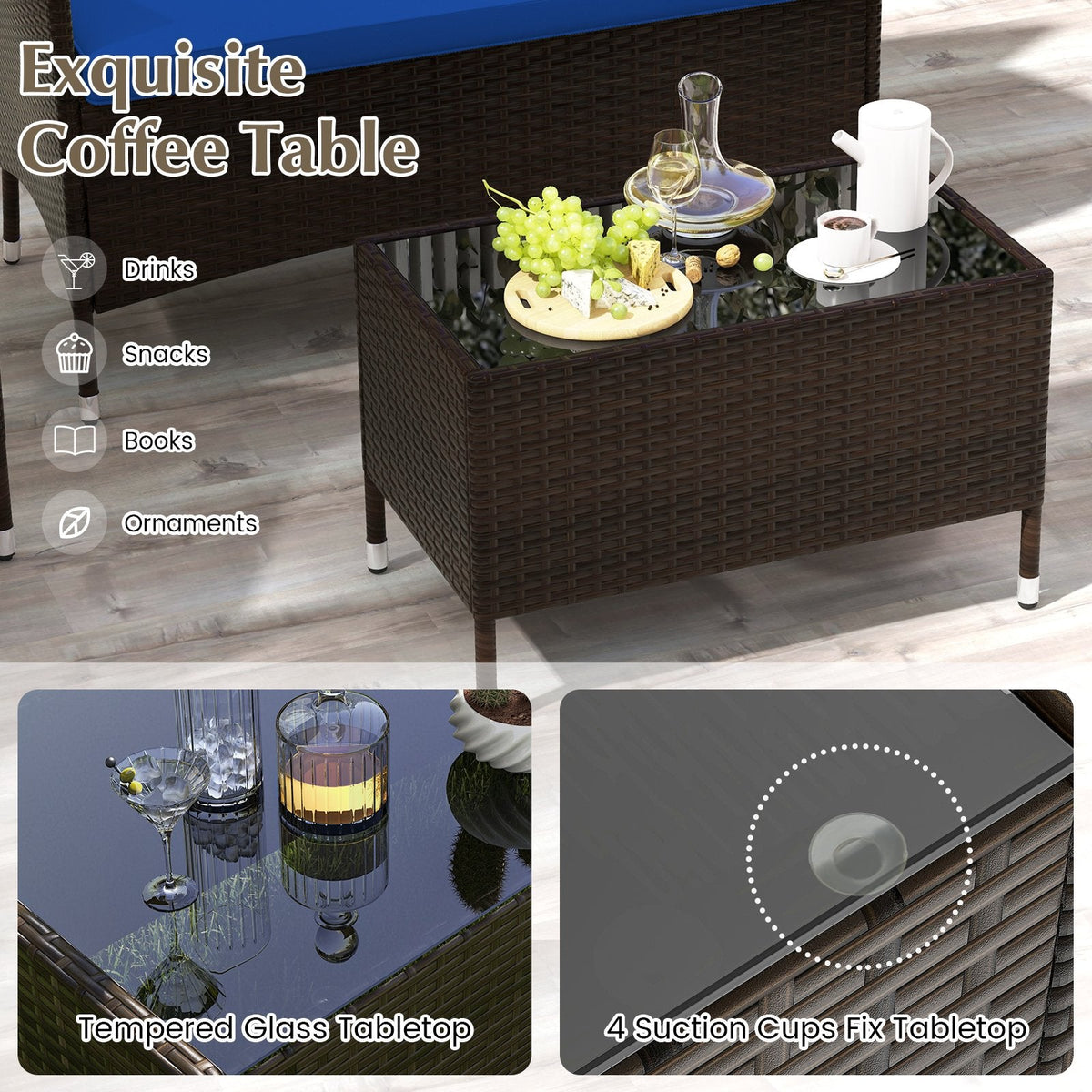 4 Piece Outdoor Rattan Sofa Set, 41 in Loveseat, 2 Single Sofas and 27.5 in Tempered Glass Coffee Table, Navy Cushions