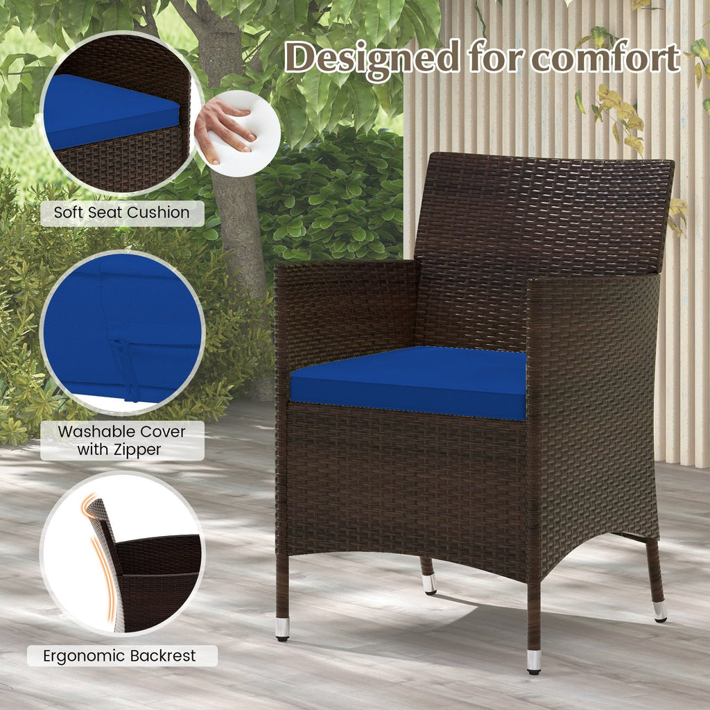 4 Piece Outdoor Rattan Sofa Set, 41 in Loveseat, 2 Single Sofas and 27.5 in Tempered Glass Coffee Table, Navy Cushions