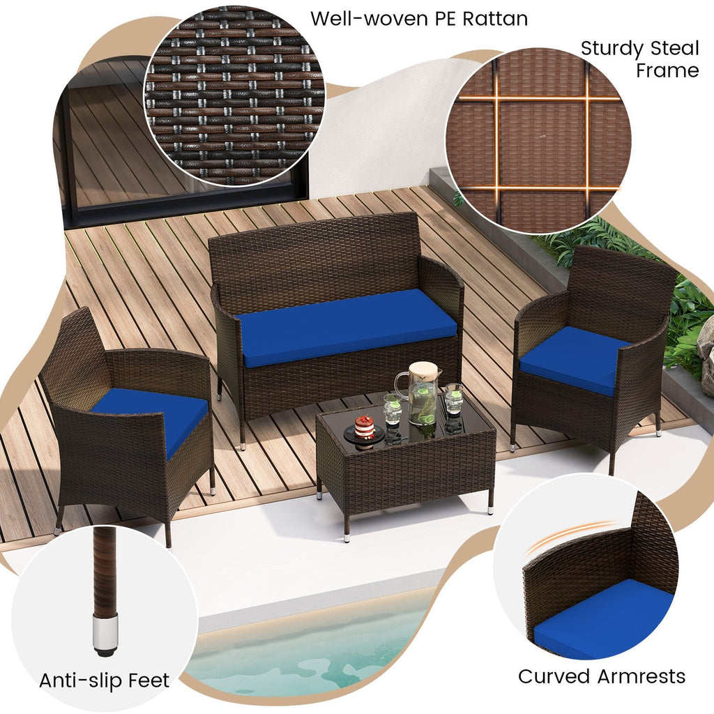 4 Piece Outdoor Rattan Sofa Set, 41 in Loveseat, 2 Single Sofas and 27.5 in Tempered Glass Coffee Table, Navy Cushions