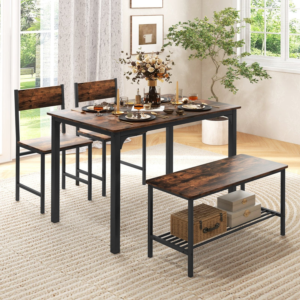 4 Pieces Rustic Dining Table Set with 2 Chairs and Bench-Rustic Brown
