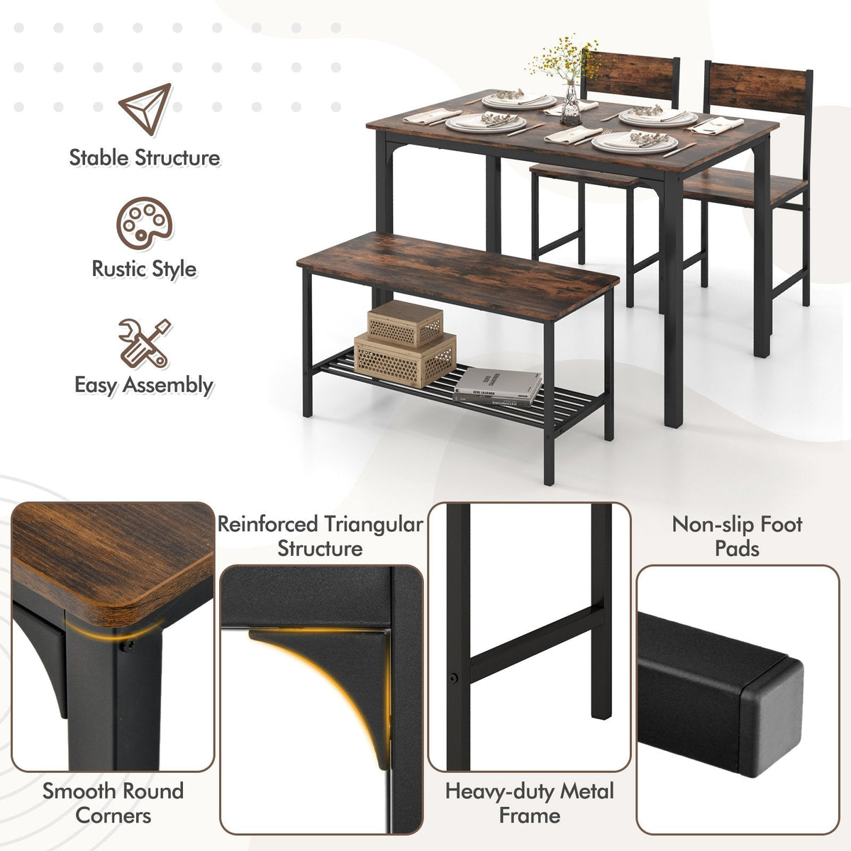 4 Pieces Rustic Dining Table Set with 2 Chairs and Bench-Rustic Brown