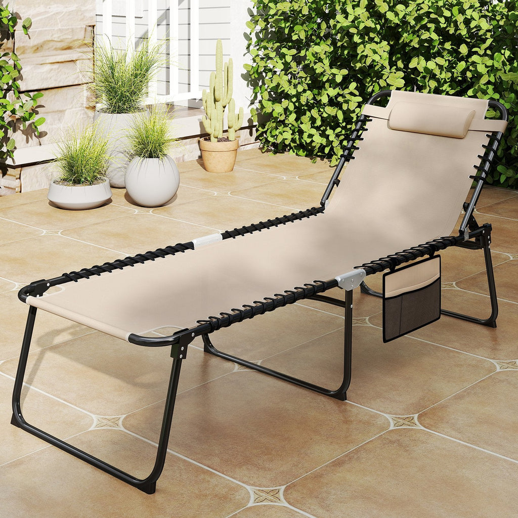 4 Position Folding Lounge Chaise with Adjustable Backrest and Footrest-Beige