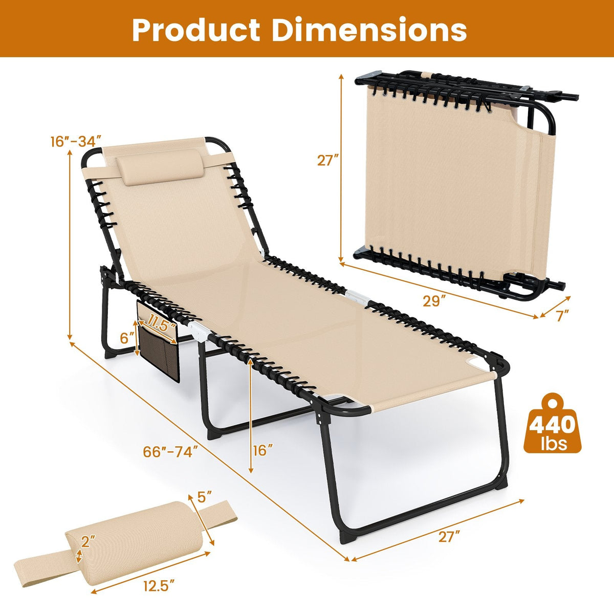 4 Position Folding Lounge Chaise with Adjustable Backrest and Footrest-Beige