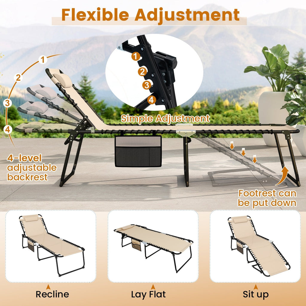 4 Position Folding Lounge Chaise with Adjustable Backrest and Footrest-Beige