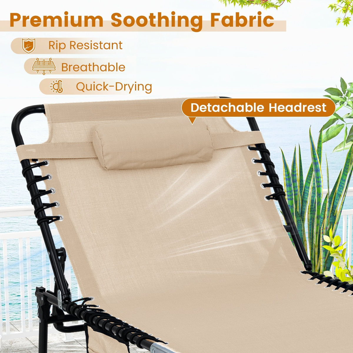4 Position Folding Lounge Chaise with Adjustable Backrest and Footrest-Beige