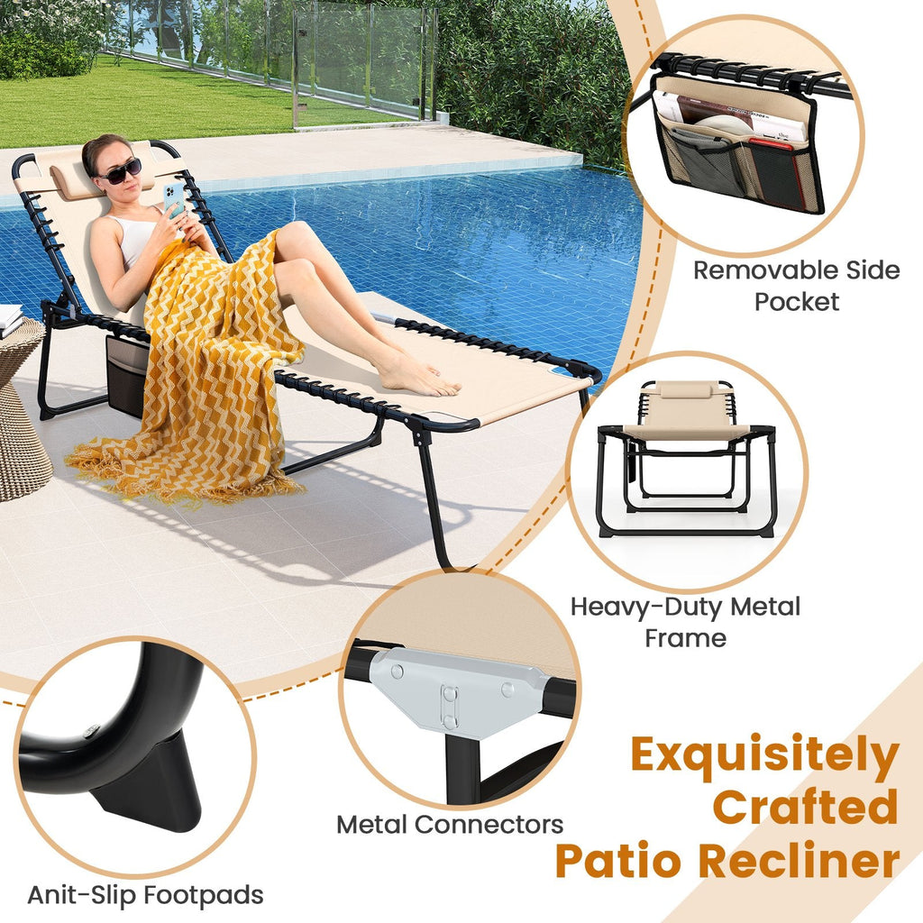 4 Position Folding Lounge Chaise with Adjustable Backrest and Footrest-Beige