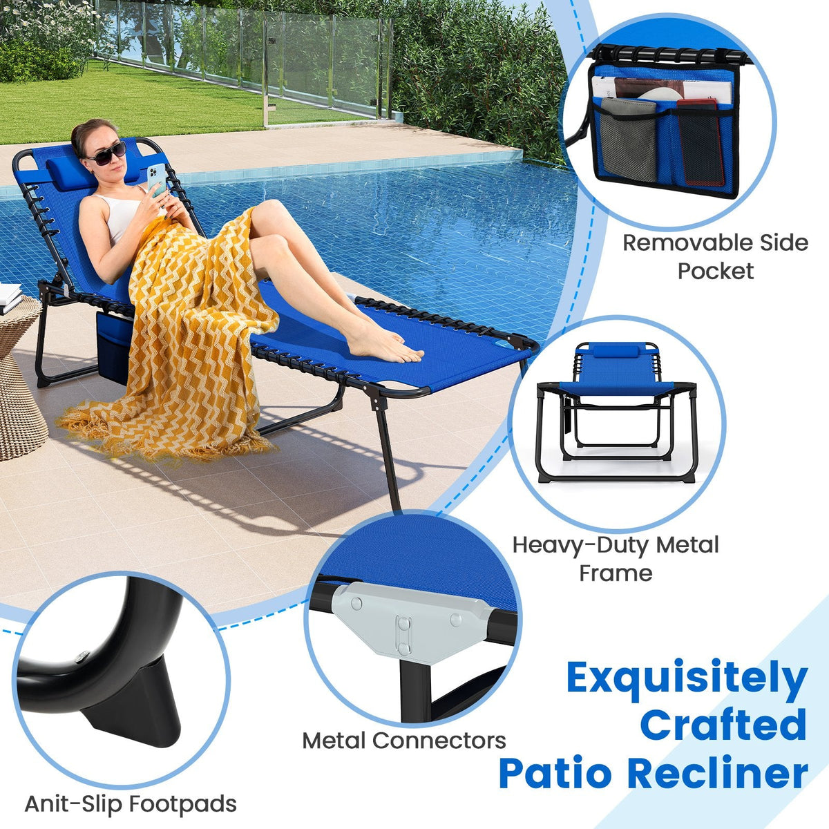 4 Position Folding Lounge Chaise with Adjustable Backrest and Footrest-Navy