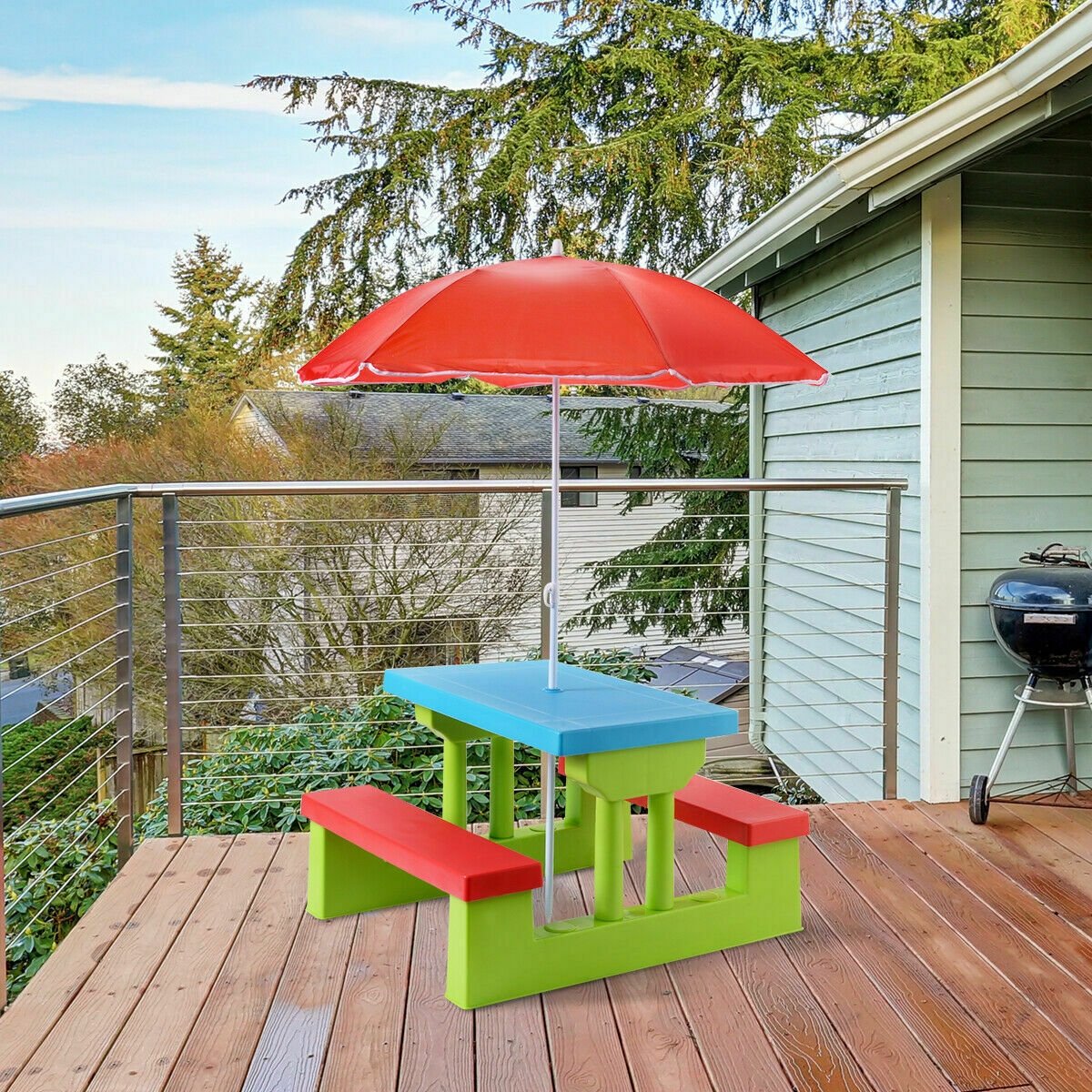 Kids Picnic Table and Bench Set with Removable Umbrella, 4 Seats, Blue and Green