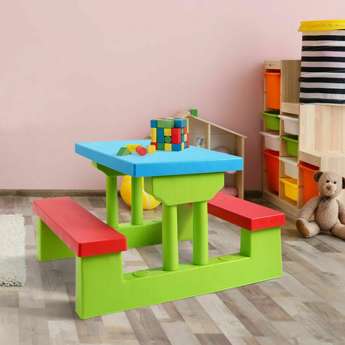 Kids Picnic Table and Bench Set with Removable Umbrella, 4 Seats, Blue and Green
