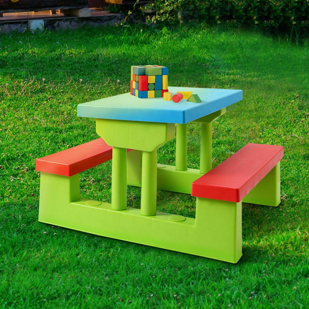 Kids Picnic Table and Bench Set with Removable Umbrella, 4 Seats, Blue and Green