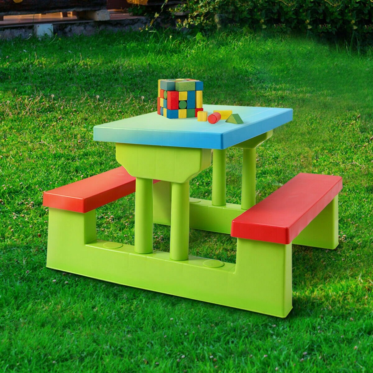 Kids Picnic Table and Bench Set with Removable Umbrella, 4 Seats, Blue and Green