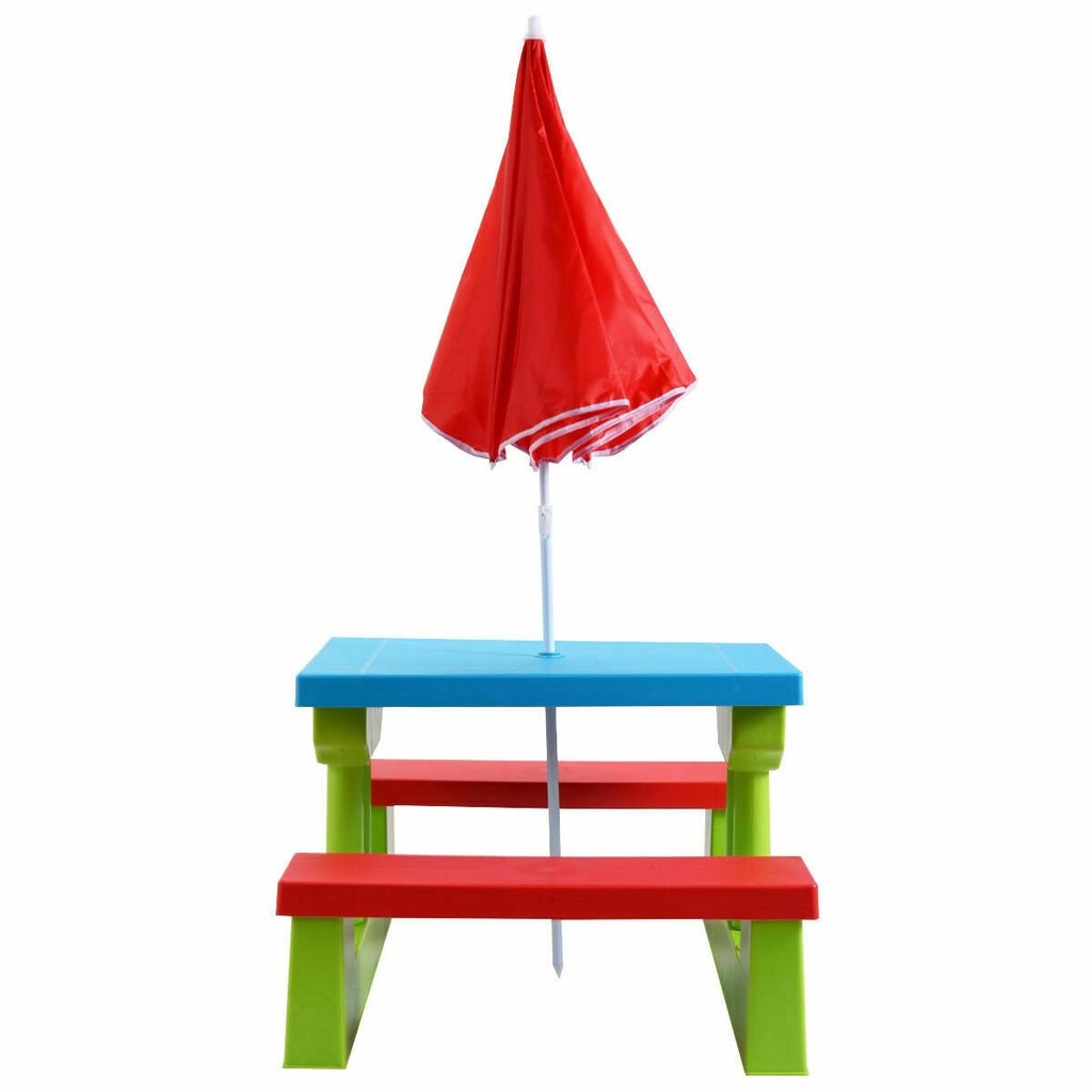 Kids Picnic Table and Bench Set with Removable Umbrella, 4 Seats, Blue and Green