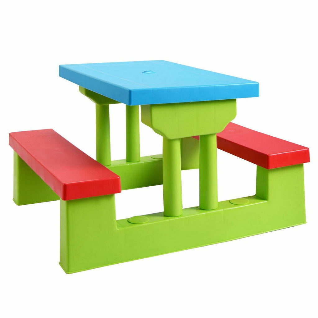 Kids Picnic Table and Bench Set with Removable Umbrella, 4 Seats, Blue and Green