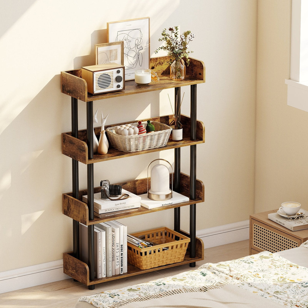 4-Tier Bookshelf Open Bookcase with Anti-Tipping Kit Industrial Storage Unit-Rustic Brown