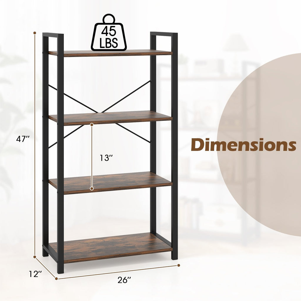 4-Tier Bookshelf with Heavy Duty Metal Frame Industrial Display Shelf-Rustic Brown