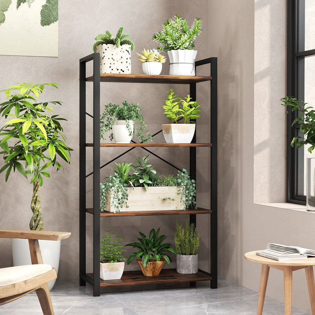 4-Tier Bookshelf with Heavy Duty Metal Frame Industrial Display Shelf-Rustic Brown