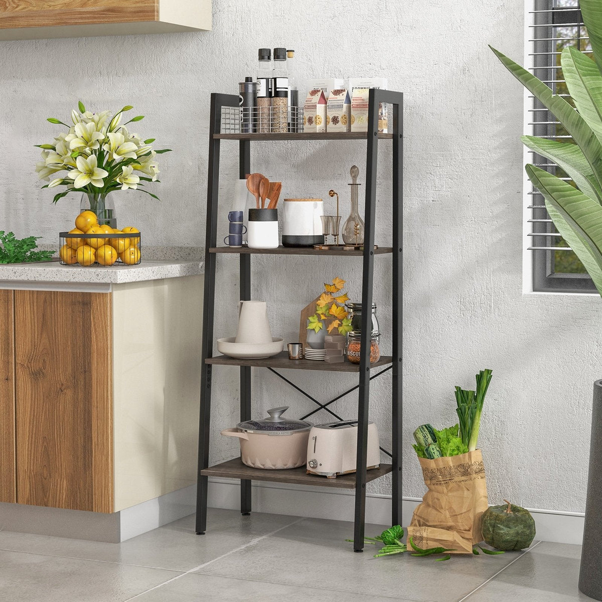 4 Tier Ladder Bookshelf with Metal Frame and Adjustable Foot Pads, Grey Oak