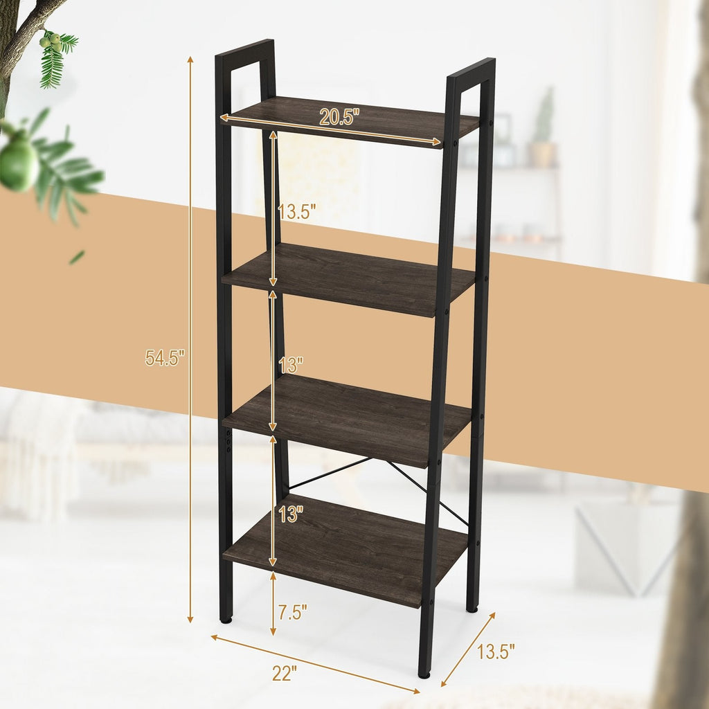 4 Tier Ladder Bookshelf with Metal Frame and Adjustable Foot Pads, Grey Oak