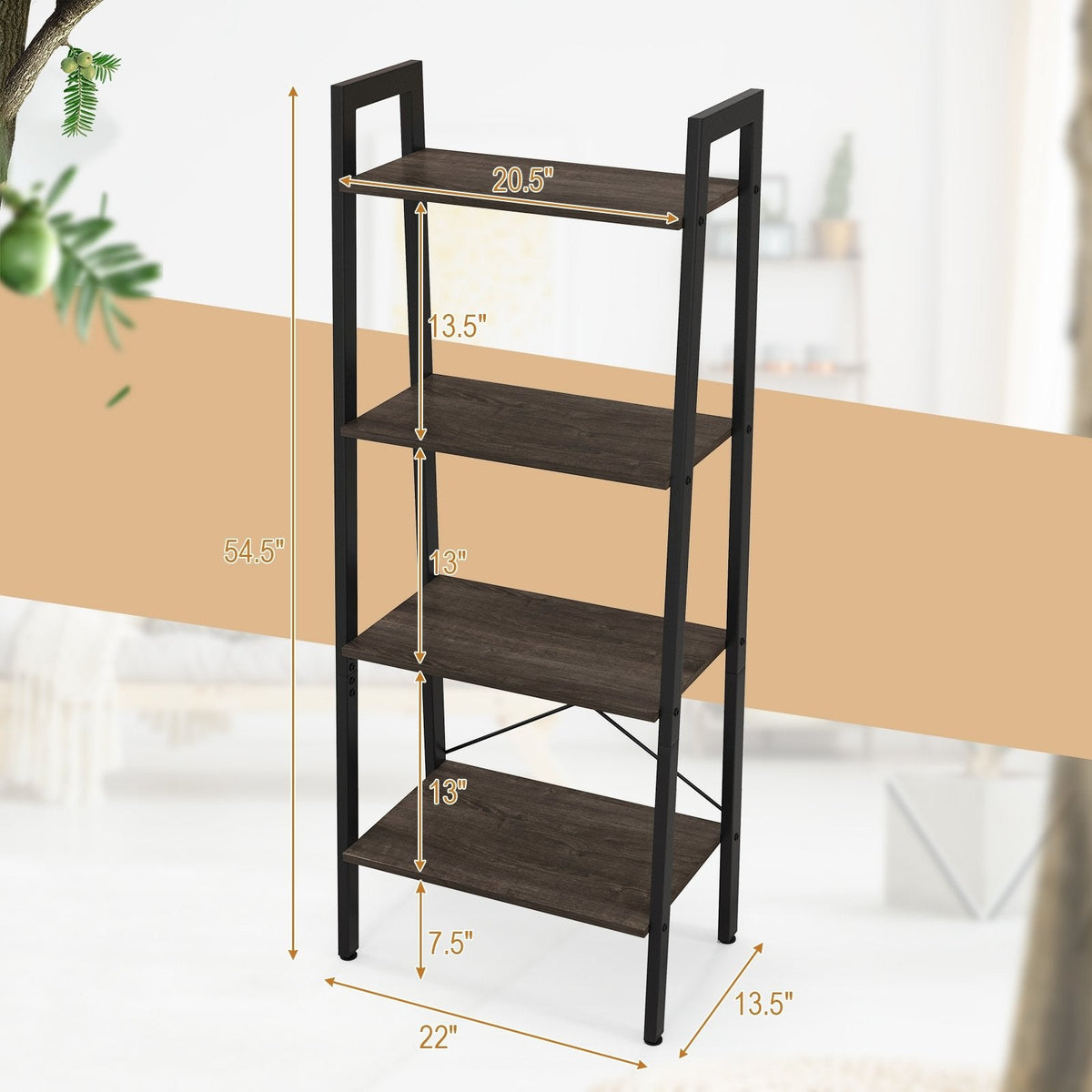 4 Tier Ladder Bookshelf with Metal Frame and Adjustable Foot Pads, Grey Oak