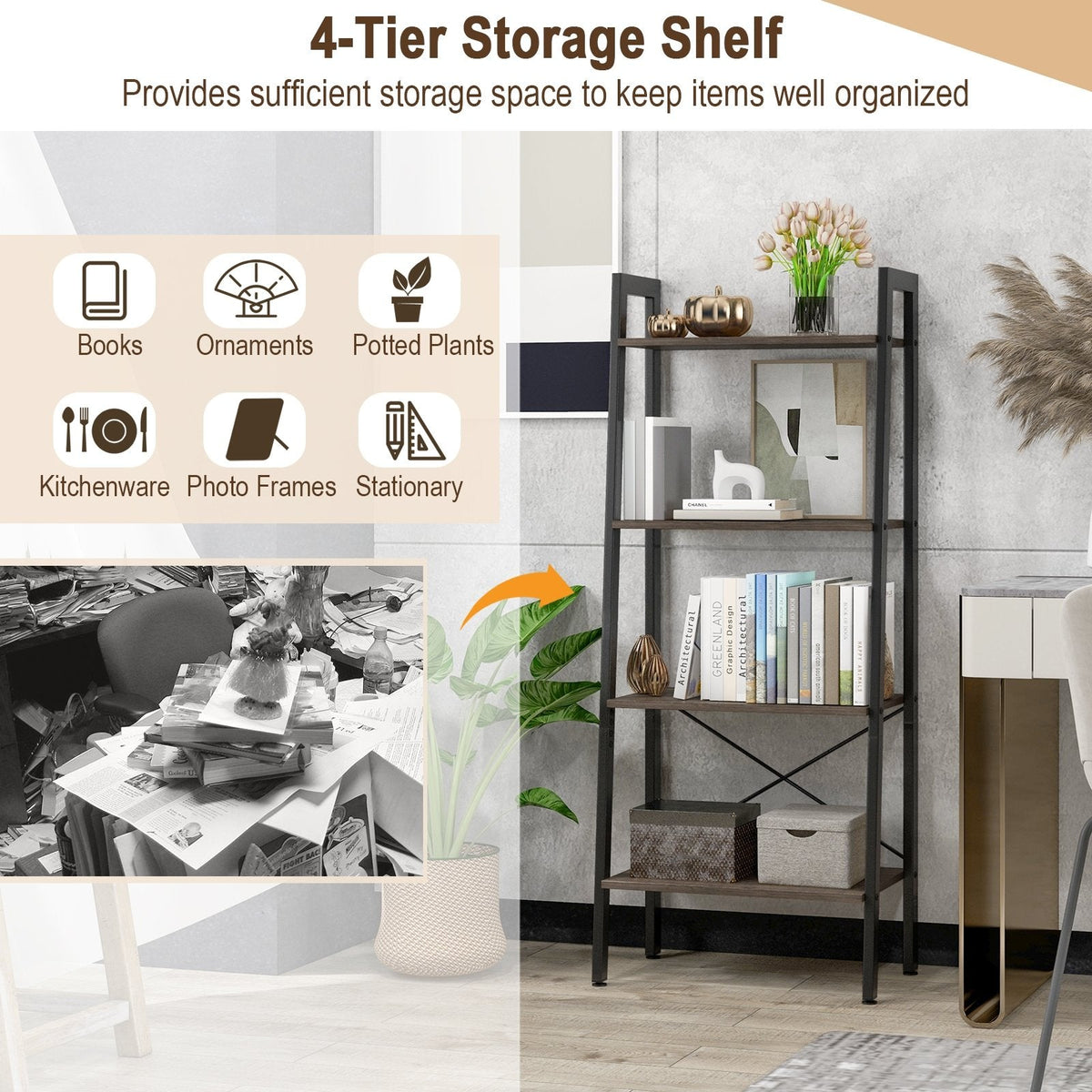 4 Tier Ladder Bookshelf with Metal Frame and Adjustable Foot Pads, Grey Oak