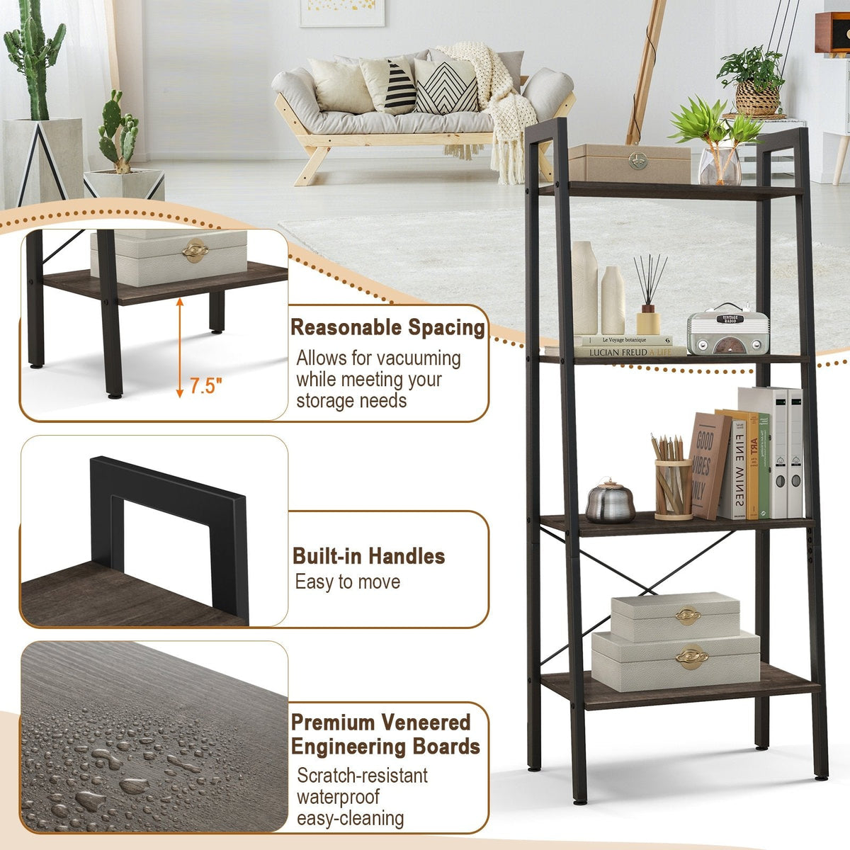 4 Tier Ladder Bookshelf with Metal Frame and Adjustable Foot Pads, Grey Oak