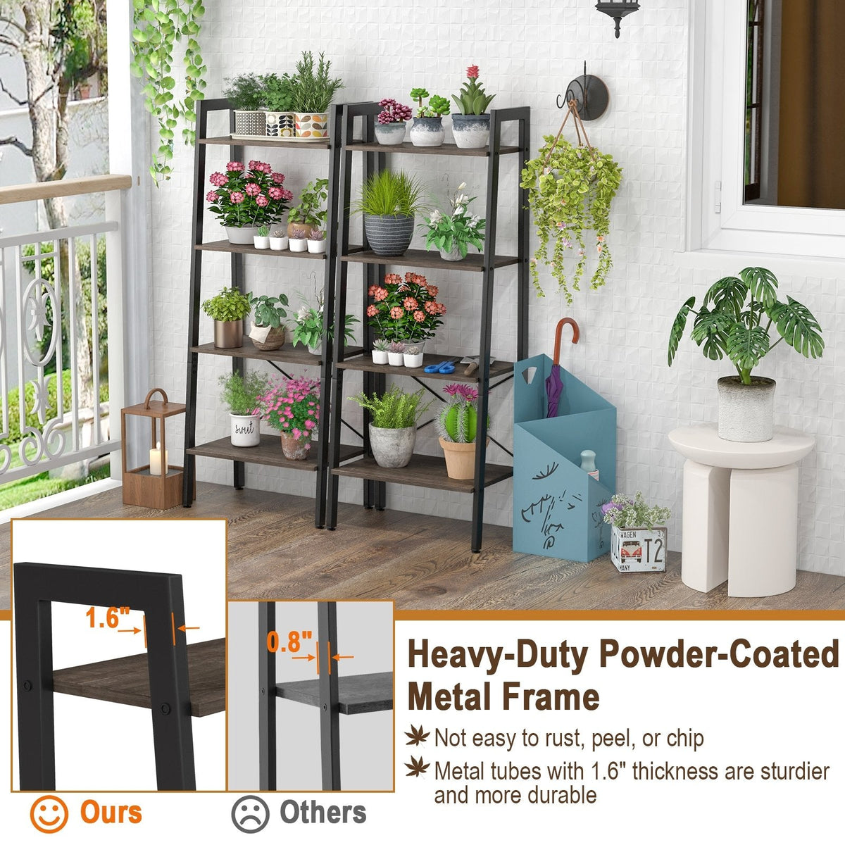 4 Tier Ladder Bookshelf with Metal Frame and Adjustable Foot Pads, Grey Oak