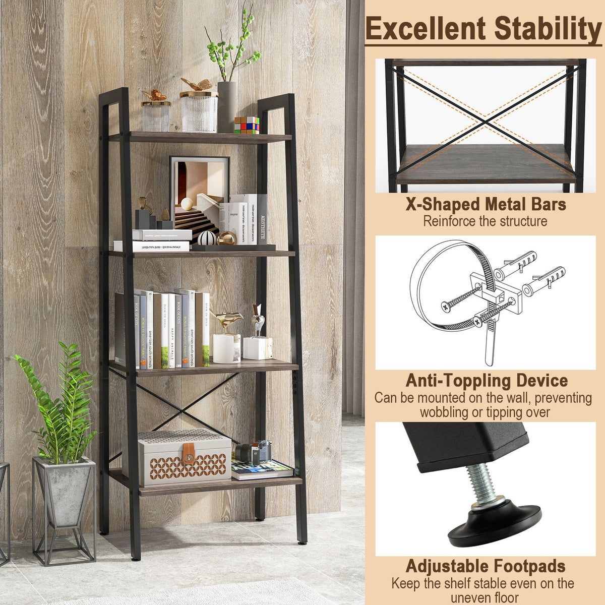 4 Tier Ladder Bookshelf with Metal Frame and Adjustable Foot Pads, Grey Oak