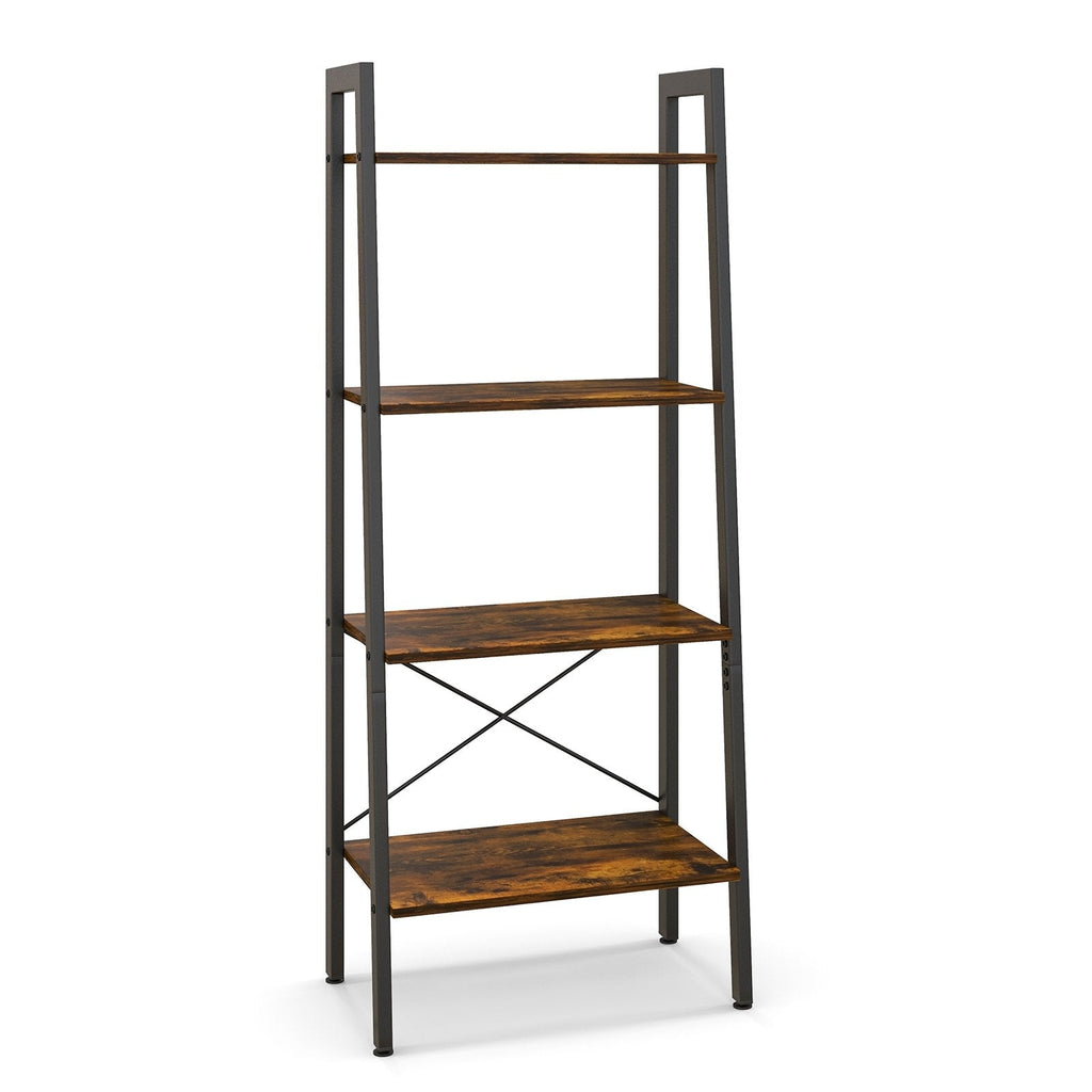 4 Tier Ladder Bookshelf with Metal Frame and Adjustable Foot Pads, Rustic Brown