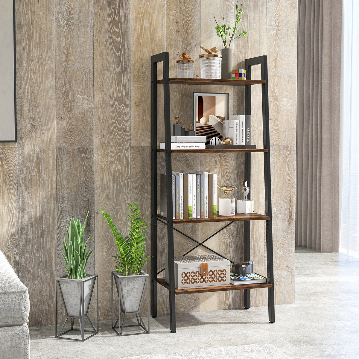4 Tier Ladder Bookshelf with Metal Frame and Adjustable Foot Pads, Rustic Brown