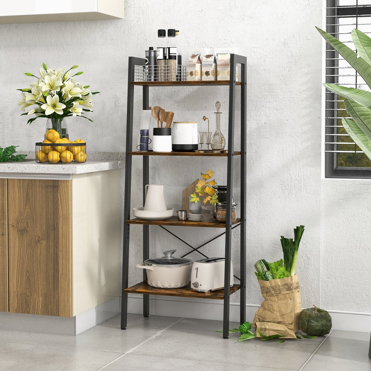 4 Tier Ladder Bookshelf with Metal Frame and Adjustable Foot Pads, Rustic Brown