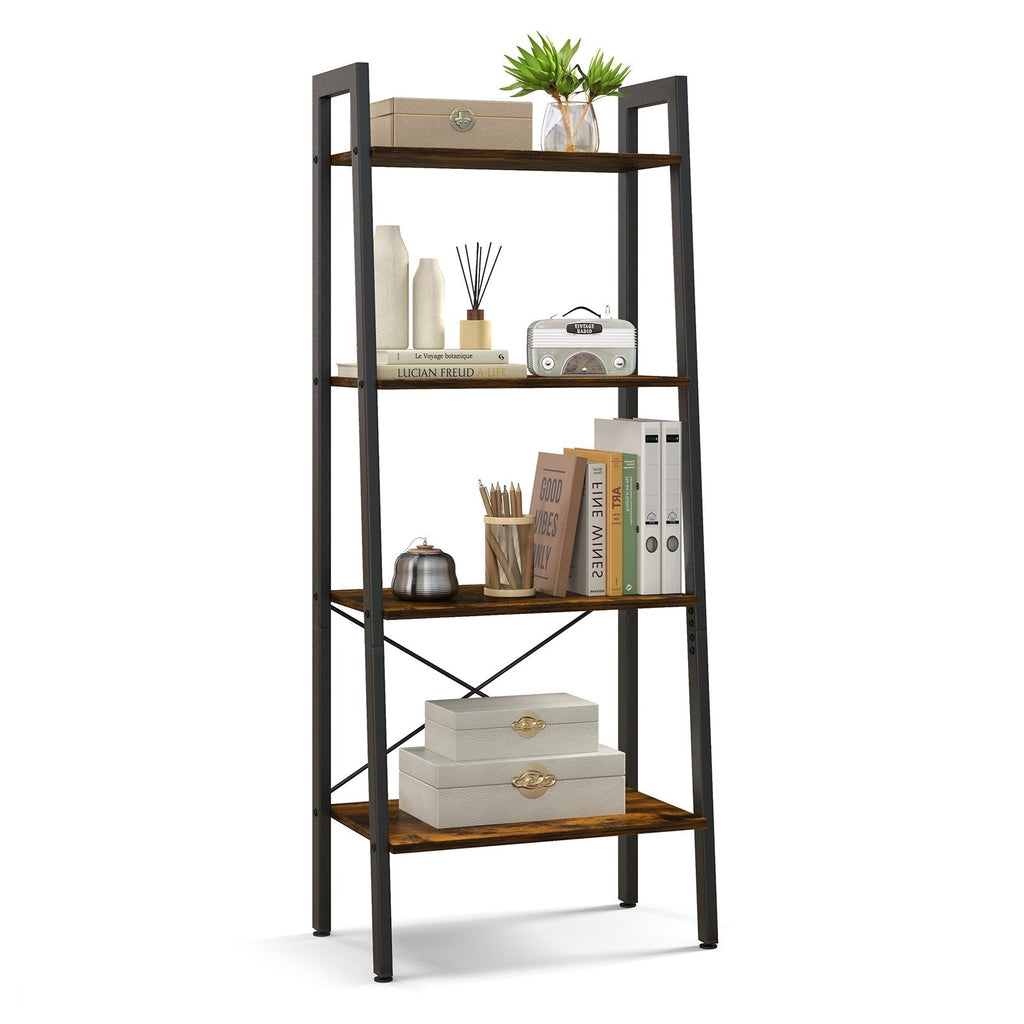 4 Tier Ladder Bookshelf with Metal Frame and Adjustable Foot Pads, Rustic Brown