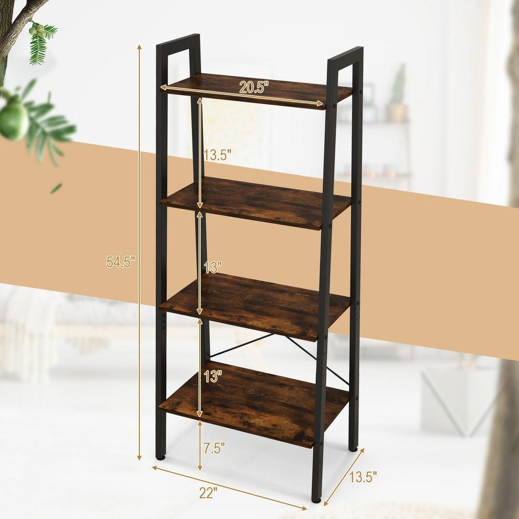 4 Tier Ladder Bookshelf with Metal Frame and Adjustable Foot Pads, Rustic Brown