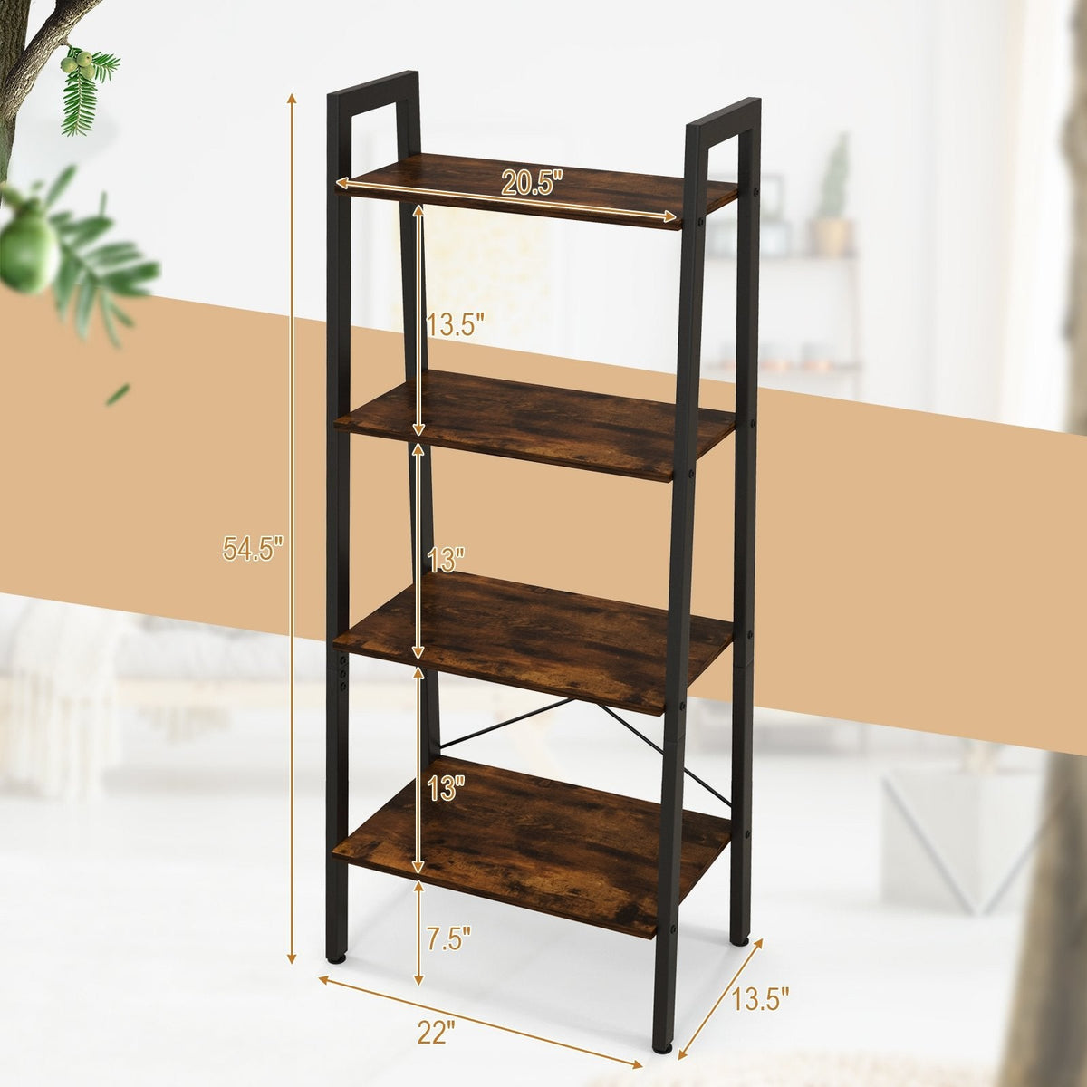 4 Tier Ladder Bookshelf with Metal Frame and Adjustable Foot Pads, Rustic Brown