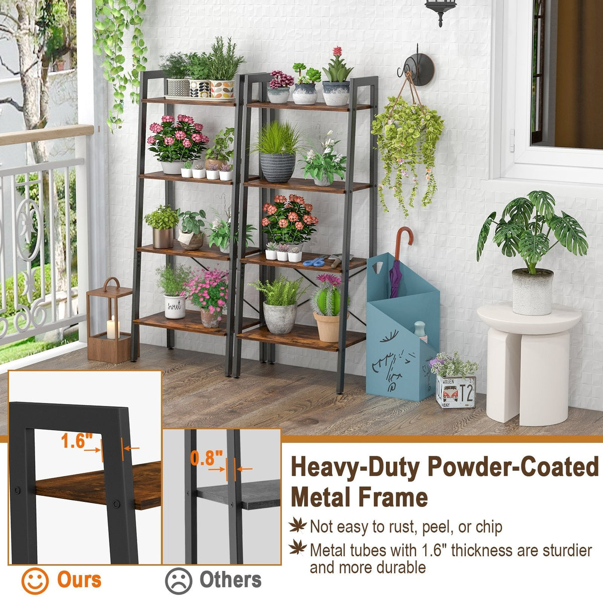 4 Tier Ladder Bookshelf with Metal Frame and Adjustable Foot Pads, Rustic Brown